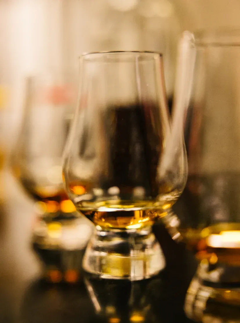 Glencairn glasses of Stetson Bourbon catching the light