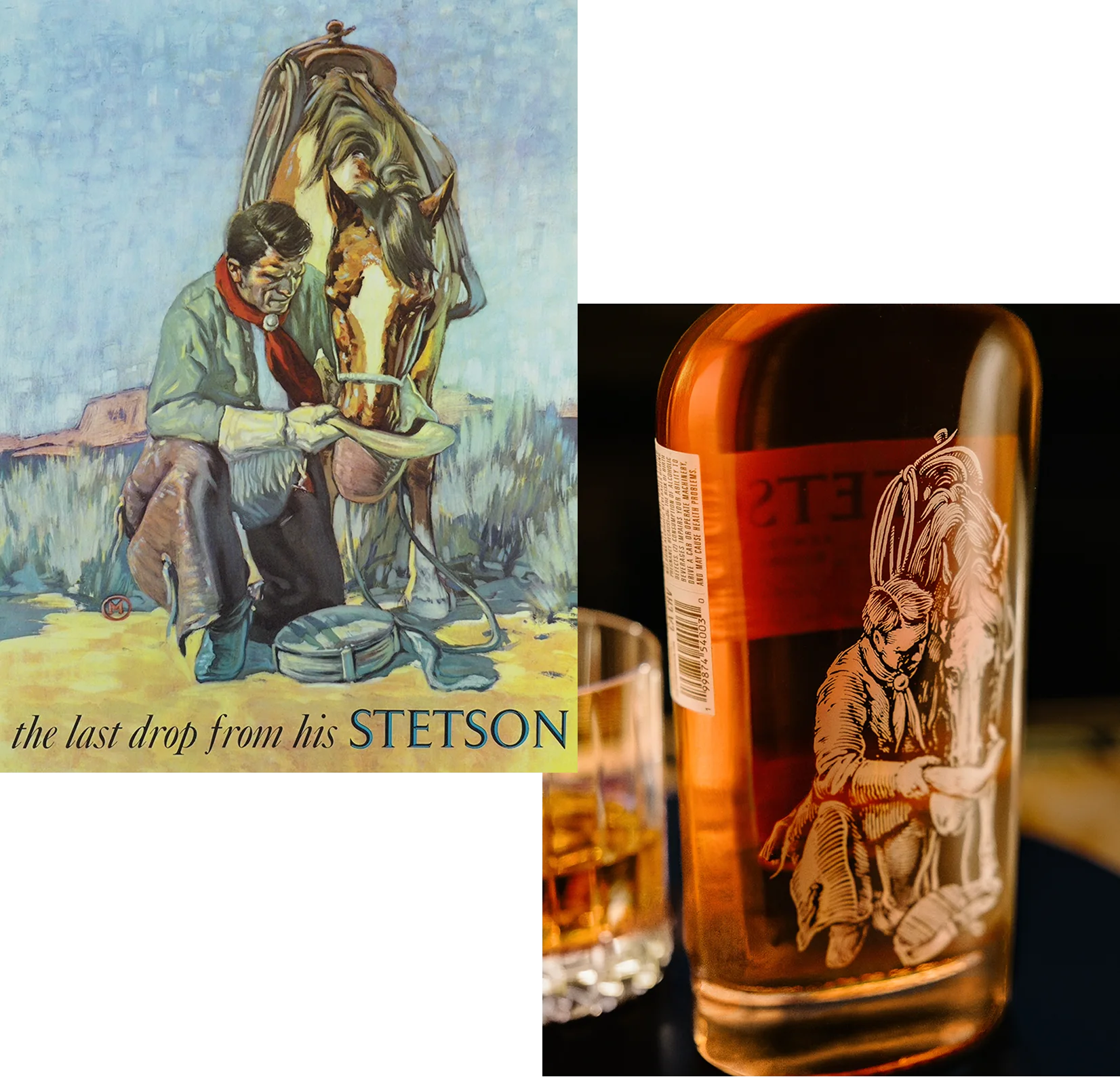 Lon Megargee's The Last Drop from His Stetson painting beside an engraved Stetson Bourbon bottle