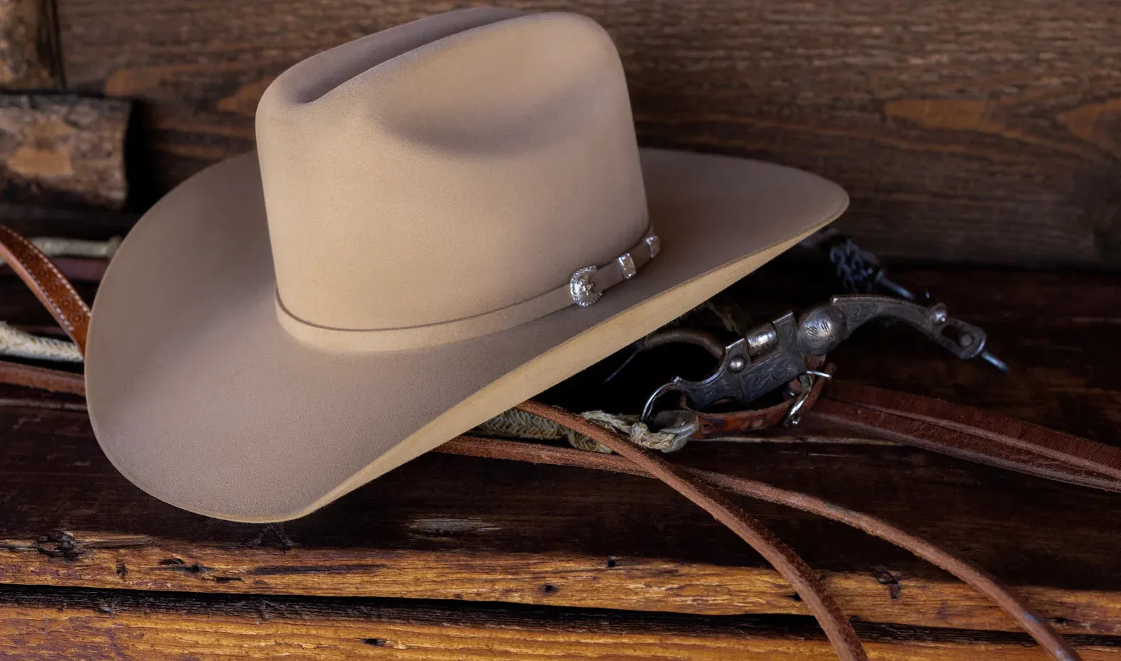 A Stetson cowboy hat resting on weathered wood beside a bridle and spur
